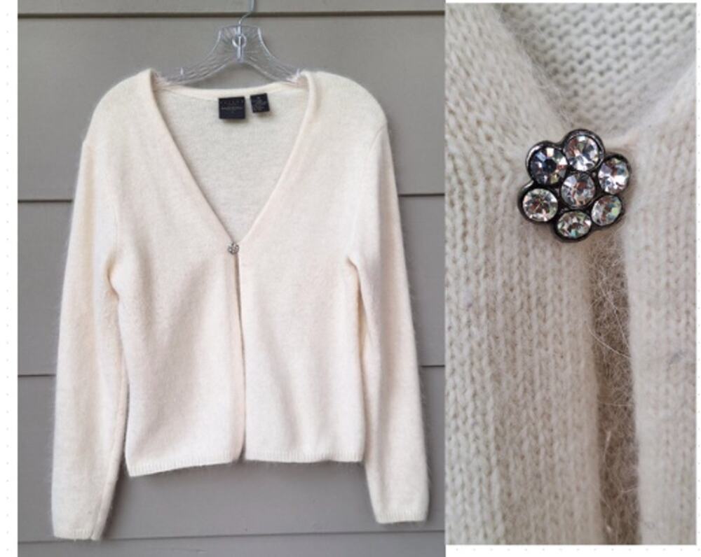 Vtg Tailor B Moss Women Angora Lambswool Soft Cream Cardigan Jewel Button Size M